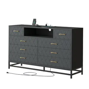 8 Drawer Wood Dresser for Bedroom, Wooden Dresser with LED Light and Power Outlet for Living Room, Wide TV Stand Dressers for 55" TV, Modern Wood Dressers with Deep Drawers