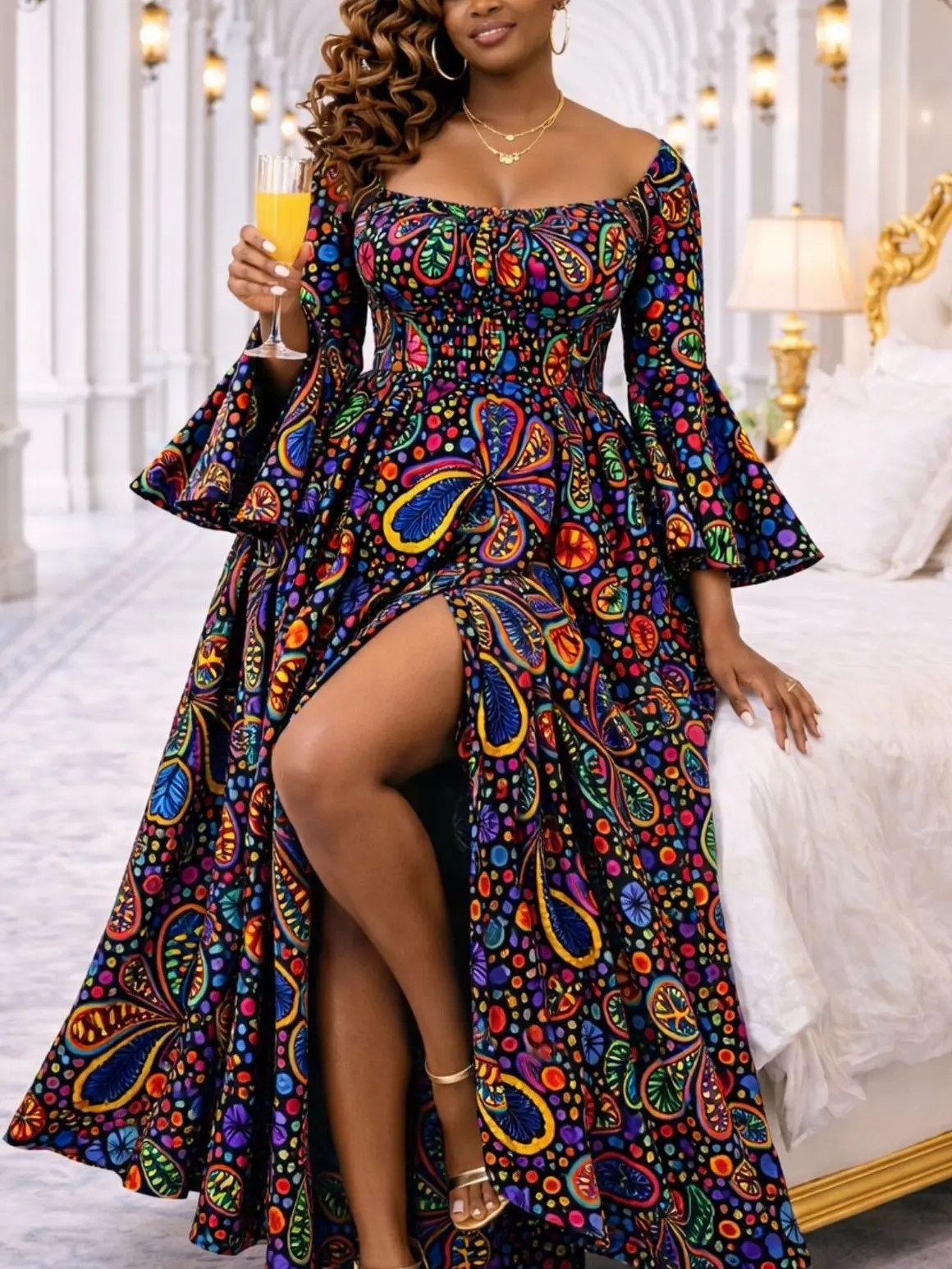 Women's African Print Off Shoulder Maxi Dress  Multicolor Ankara Flowy  Dress - TikTok Shop