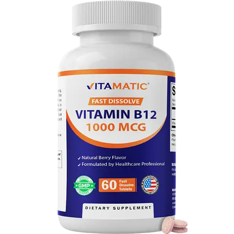 Vitamatic Dietary Vitamin B12 1000 mcg Fast Dissolve Tablets - 60-Count Supplemental Pack, Natural Berry Flavor, Supports Energy Metabolism, Nervous System Health - Daily Vitamins for Healthcare & Selfcare