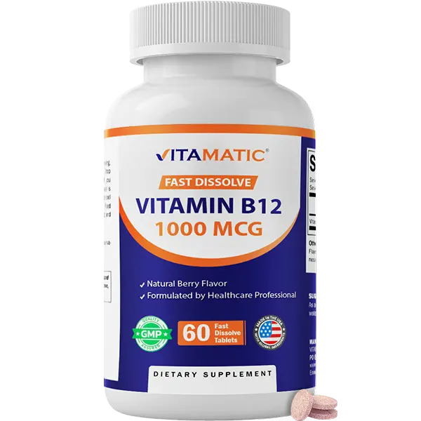 Vitamatic Dietary Vitamin B12 1000 mcg Fast Dissolve Tablets - 60-Count Supplemental Pack, Natural Berry Flavor, Supports Energy Metabolism, Nervous System Health - Daily Vitamins for Healthcare & Selfcare