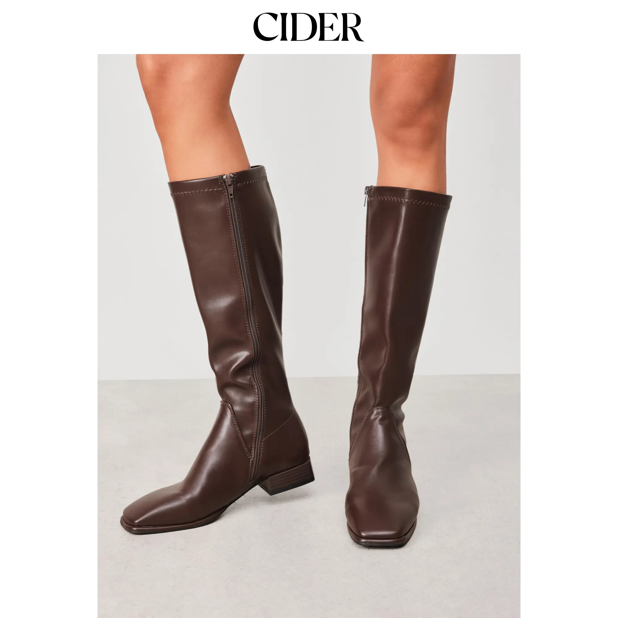 Cider Women's Plain Faux Leather Knee High Boots with Elastic Detail, Low Block Heel and a Side Zipper, Leather & Faux Leather