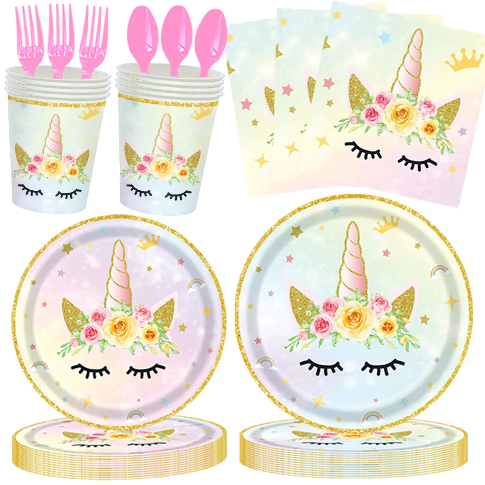 Unicorn Theme Party Supplies Set (16 Guests), Includes Paper Plates, Dessert Plates, Napkins, Cups, Forks, Spoons, Birthday Party Decorations, Disposable Tableware