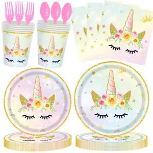 Unicorn Theme Party Supplies Set (16 Guests), Includes Paper Plates, Dessert Plates, Napkins, Cups, Forks, Spoons, Birthday Party Decorations