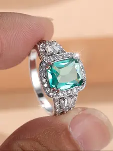 Elegant Mint Square Zircon Silver Color Ring for Women, Cluster Ring, Sparkling Zircon Inlay, Square Halo Ring, Perfect Gift Jewelry, Wedding Ring Design, All Season Wear