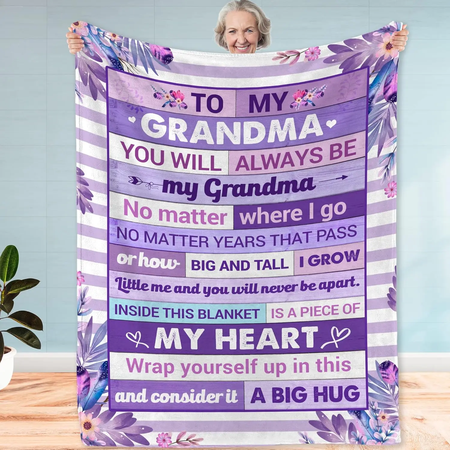 Gifts for Grandma Blanket for Mothers Day – to My Grandma Soft Flannel Throw Blanket, Cozy Purple Floral Blanket with Loving Message, Birthday Gift from Grandchild