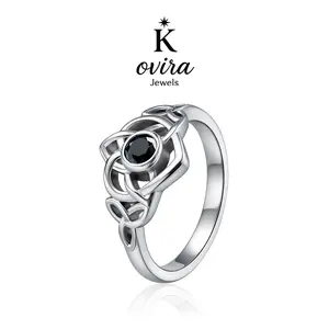 Kovira S925 Sterling Silver Vintage Black Obsidian Celtic Knot Heart Ring for Women, Everyday Wear, Promise Gift