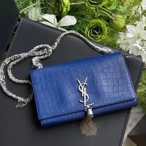 Pre-owned Yves Saint Laurent YSL Saint Laurent Electric Blue Crocodile Embossed Kate Fringe Chain Bag