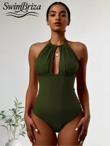 Briza｜Halter Keyhole One Piece Swimsuit In Olive Green Solid Matte Stretch As A Sleek Swimsuit For Women And Bathing Suit With Swimsuit Tummy Control And Tummy Control Swimwear For Vacation Swimwear For Women, Confident Resort Days