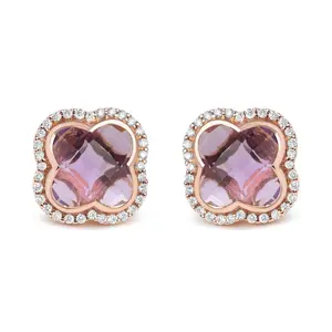 18K Rose Gold 3/8 Cttw Diamond and 11x11mm Clover-Cut Purple Amethyst Gemstone Clover Halo Stud Earrings (G-H Color, SI1-SI2 Clarity)
