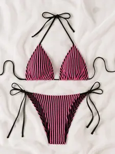 Vintage Bold Striped Bikini Set, Low Waist Sexy Style, High Stretch Comfortable Adjustable Straps, Beach Vacation Pool Party, Tie Side Bikini