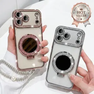 Luxury Shiny Frame iPhone Case for Women, HD Clear with Built-in Mirror & Foldable Stand, Full Body Drop Resistant Cover for iPhone 12-17 Pro Max Plus Air