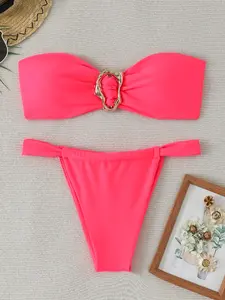 Women's Strappy Bikini Swimsuit, Sexy Brazilian Bikini Set, Thong Micro Bikini, Solid Color Beachwear, Summer Swimwear, Strapless Swimsuit Top, Tie Side Bikini, Bandeau Bikini Set, Swimsuit For Beach