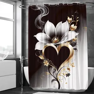 Floral Pattern Bathroom Curtain, 1 Count Waterproof Shower Curtain with 12pcs Hooks & 1 Count Random Color Strap, Bathroom Decor Supplies for Home Hotel, Bathroom Decoration Accessories