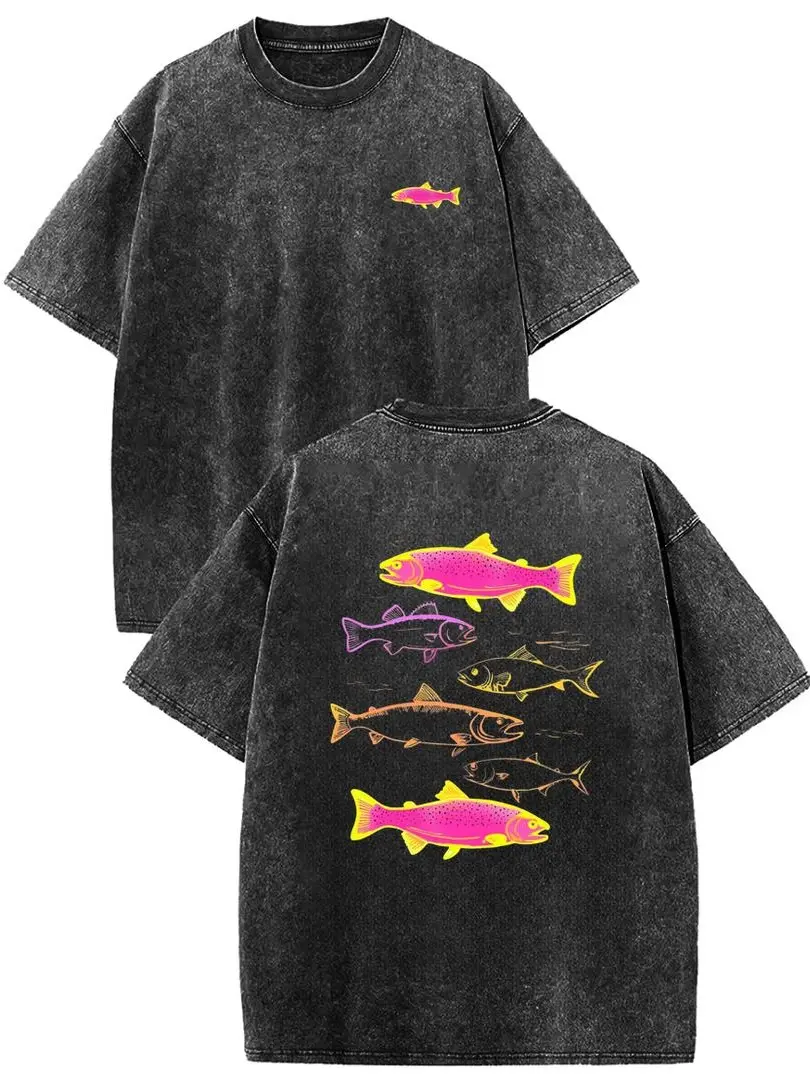 Men's Vintage Acid Wash Neon Salmon Double-Sided Casual Loose Short-Sleeve Jersey T-Shirt - Breathable Retro Fishing Angler Cotton Top with Colorful Trout Graphic, Streetwear Distressed Hem Layer for Summer, Tshirt, Baggy, Thick, Shortsleeve, Menswear, Ro