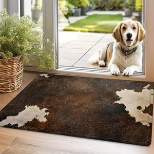Faux Cowhide Pattern Doormat Flannel Material 0.47inch Thickened Absorbent Non-slip Farmhouse Decorative Mat Soft Lightweight for Door Living Room Bedroom Bathroom Kitchen Laundry Room Machine Washable Home Decoration Mat