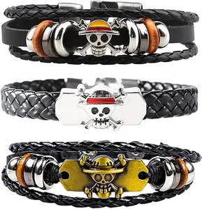 3Pcs Anime Leather Bracelets, Skull Punk Alloy Cuff Wristband