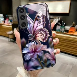 Jeweled Butterfly Bloom pattern suitable for Samsung Galaxy S25 S25edge S25FE S25Plus S25ULTRA 5G Pretty Phone Case,Black Frame Glass Phone Case Individual Design,Is Suitable for Every Holiday Gift Accessories