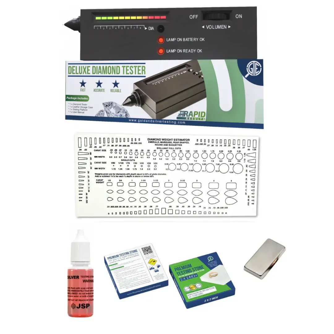 GTE Electronic Diamond Analysis Tool & Jewelry Testing Kit - 13500 Gauss Rare Earth Magnet Tester, 9V Battery Ready, Iron Impurity Test, Carat Gauge, 2x2in White Stone, Gold Detector, Estate Sales Use, Color Chart Instruction Booklet for Jewelers