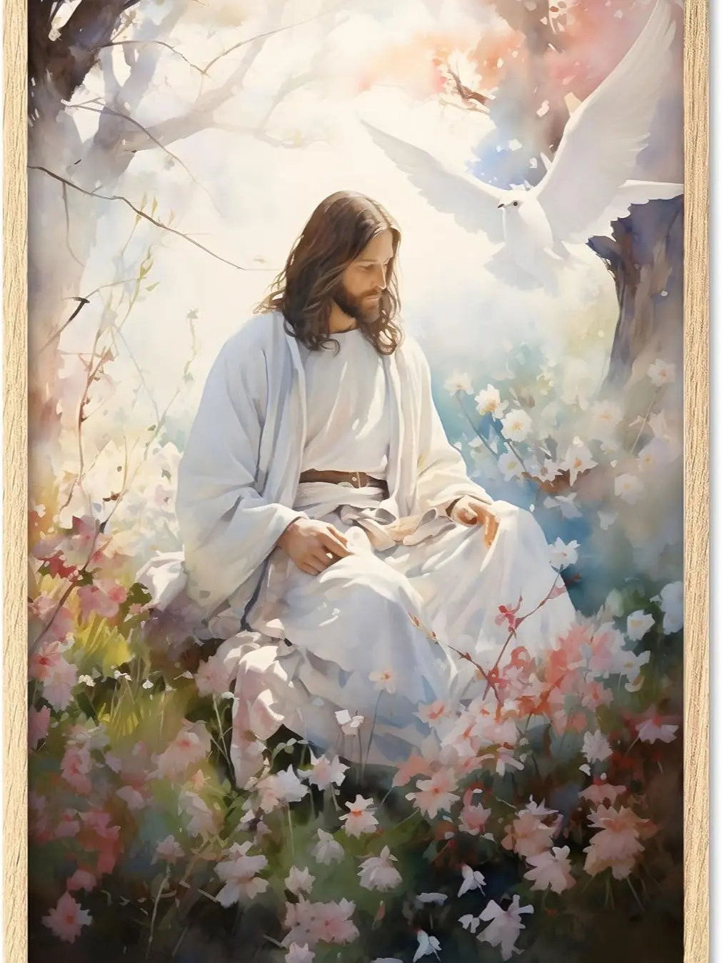 Home Decor Spirit Jesus Canvas Wall Art: Jesus in the Garden, Smiling Christ Portrait, Watercolor Christian Art Print for Living Room & Bedroom UNFRAMED