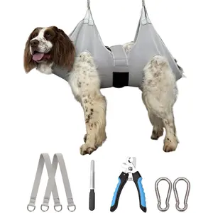 X-Large Dog Grooming Hammock - Gray Hanging Harness with Thick Neck Support for Nail Trimming and Secure Pet Grooming