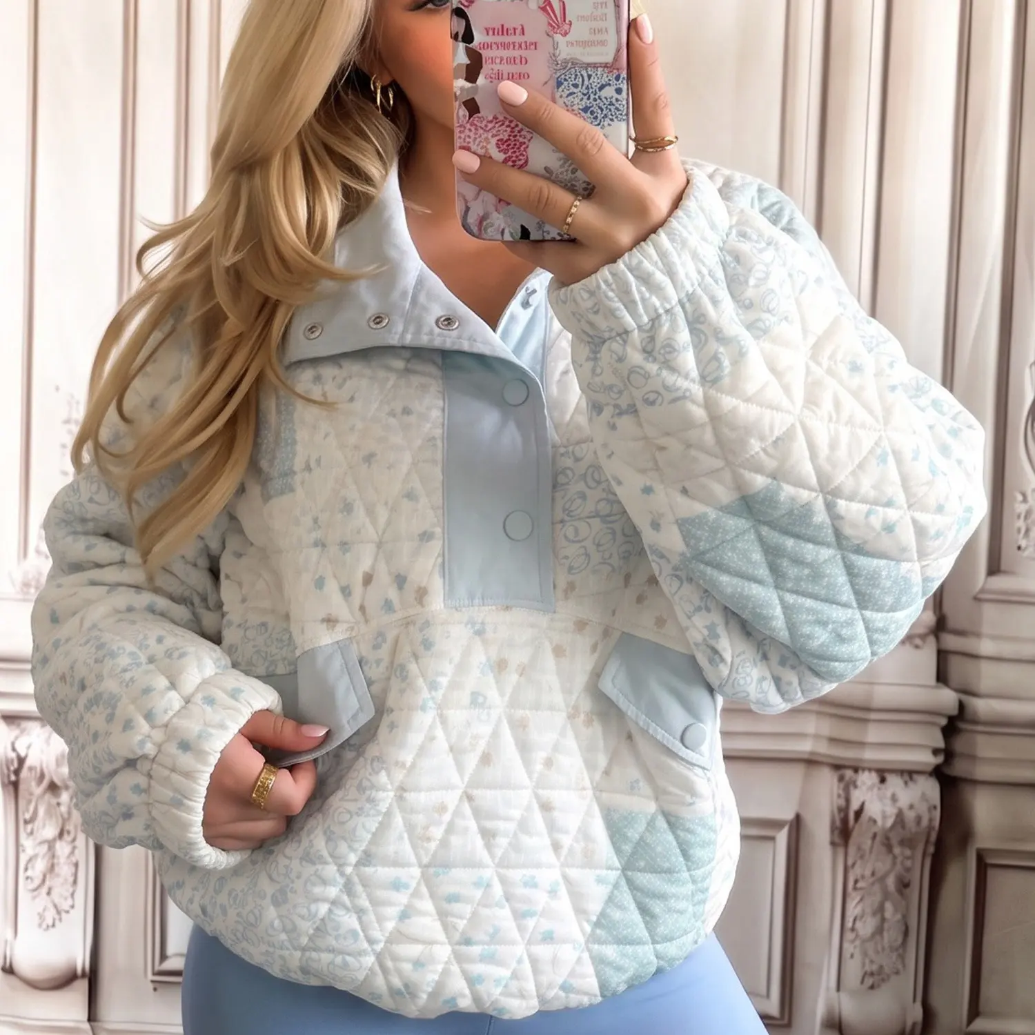 Women's Quilted Half Snap Pullover Floral Patchwork Long Sleeve Casual Jacket with Pockets