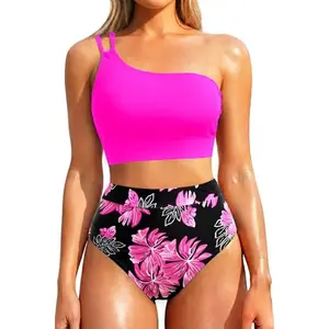 Yonique Women's High Waisted Bikini - One Shoulder Two Piece Swimsuits Tummy Control Full Coverage Bathing Suits