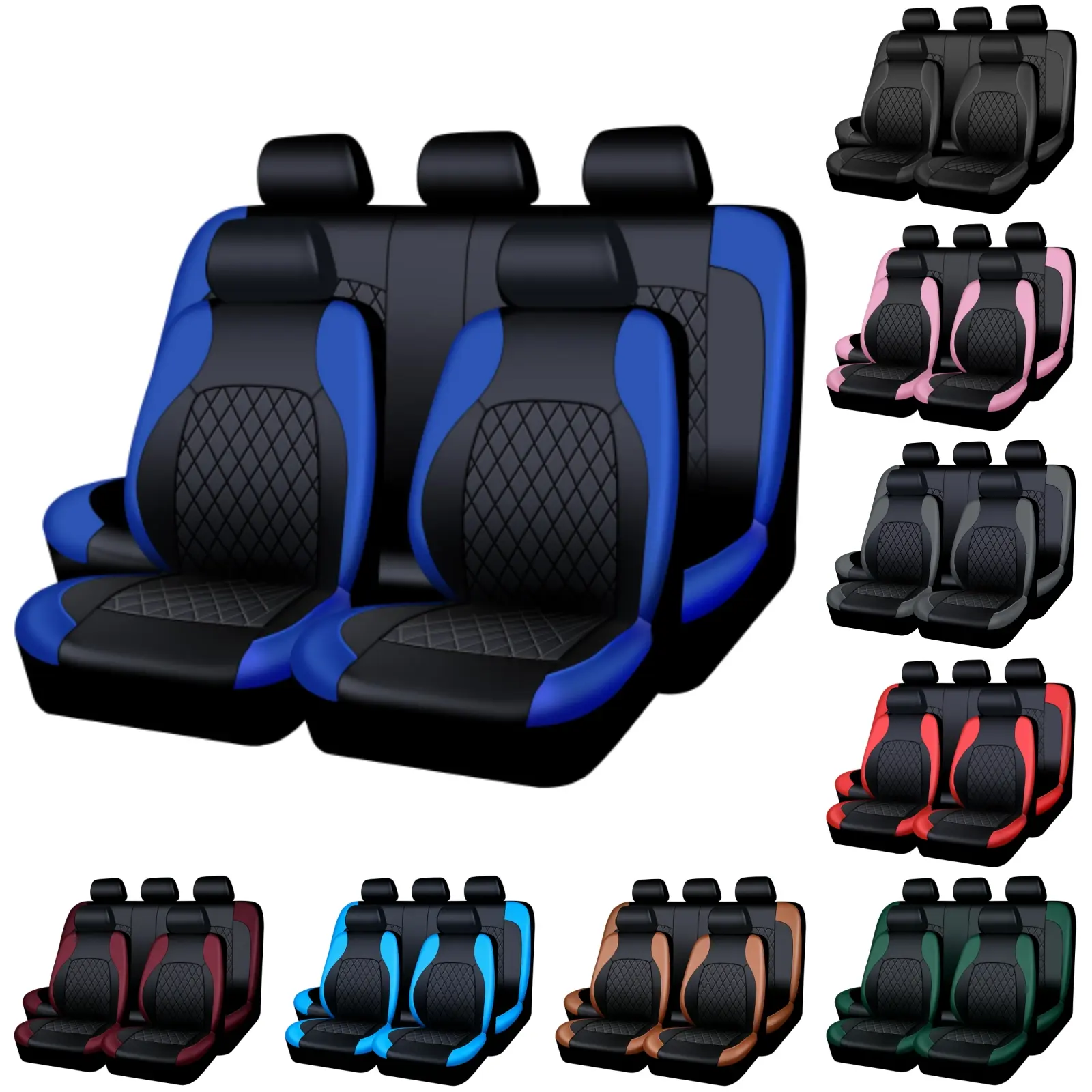 AUTOYOUTH Universal PU Leather Car Seat Covers for 5 Seats, Stylish Waterproof Car Front & Rear Seat Protectors, Vehicle Seat Covers Fits Most Cars SUVs Trucks Vans, Airbag Compatible, Black Red Gray Blue Automotive Interior Decoration, Car Accessories
