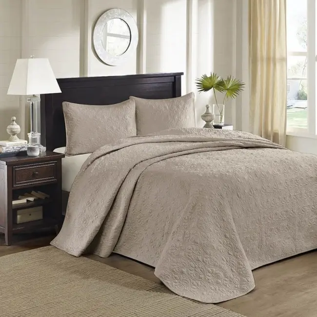 Madison Park MP13-1565 Queen 100% Polyester Microfiber Bedspread Set, Khaki - Classic Style 100% Poly Bedding Sets Collection, 100% Poly Bedding Sets Collections, Classic Style Bedding Sets Collections