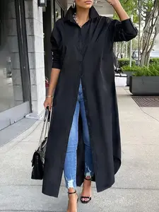 Plus Size Women's Elegant Solid Color Dress - Structured Collar, Long Sleeves, A-Line Silhouette, Button-Front Placket. Versatile office and casual wear for all seasons. Classic design, stylish ensemble.