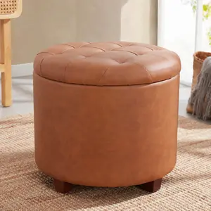 Donovan Round Tufted Faux Leather Storage Ottoman - Cognac