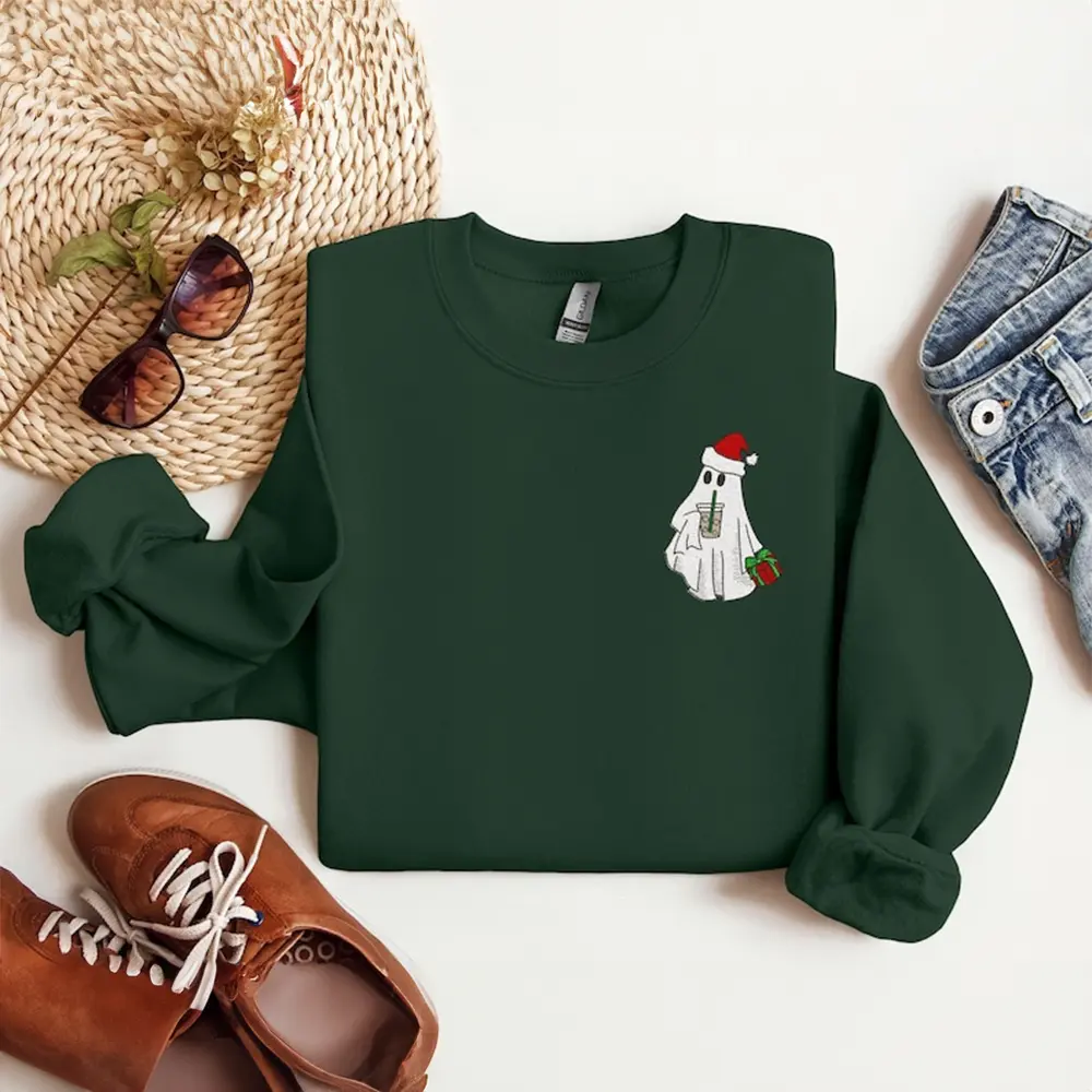 Embroidered Christmas Ghost Sweatshirt, Santa Ghost with Iced Coffee Crewneck, Festive Embroidered Christmas Sweater Gift