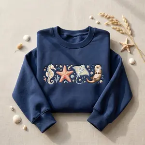 Sea Animals Embroidered Sweatshirt, 90s Vintage Style, Retro Y2k Ocean Life Shirt, Ocean Animal Sweater, Beach Vibe Shirt