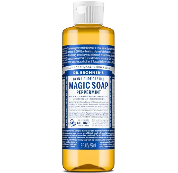 Dr. Bronner's Pure-Castile Magic Liquid Soap (Peppermint, 8 Ounce)- Made with Organic Oils, 18-in1 Uses: Face, Hair, Hand & Body Soap, Laundry, Pets- Concentrated, Vegan, Non-GMO