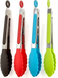 [New Deal] 4Pcs Silicone Tongs, Kitchen Tongs 7” Non-slip & Easy Grip Stainless Steel Handle - Smart Locking Clip - Heat Resistant, Food Grade