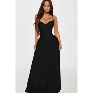 Women's Daniella Lace Corset, Pleated Maxi Dress - Black, Elegant Dresses for Women
