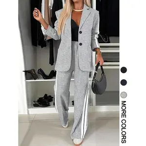 Women’s Striped Print Blazer Jacket & Wide Leg Pants Set, Casual Fitted Suit for All Seasons, Stylish Ladies’ Clothing Ensemble GARMENTARY