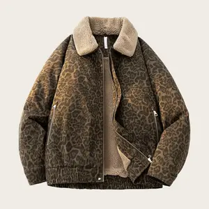 Men's American Retro Leopard Sherpa Jacket with Detachable Collar for Stylish Casual Streetwear Fall Winter Warm Fleece