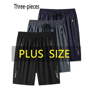 3-Pack Men'S Plus Size Quick-Dry Sports Shorts- Smooth, High Elasticity, Casual Sports Style, with Zipper Pockets, Geometric Pattern, Navy Blue/Black/Dark Gray, Machine Washable, Large Size