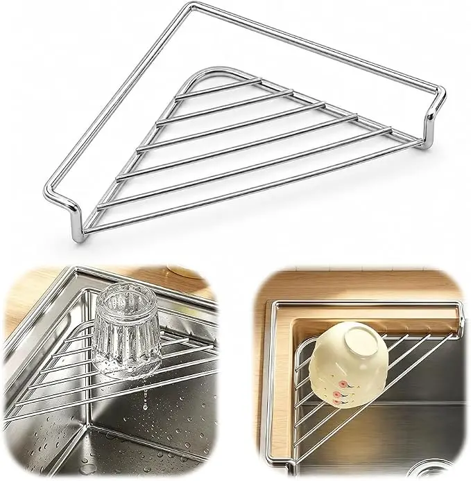Stainless Steel Corner Sink Organizer, Kitchen Sink Rack, and Dish Drying Rack — Space-saving corner and draining racks; a kitchen accessory for organizing sponges, cleaning brushes, tableware, and other kitchen essentials.