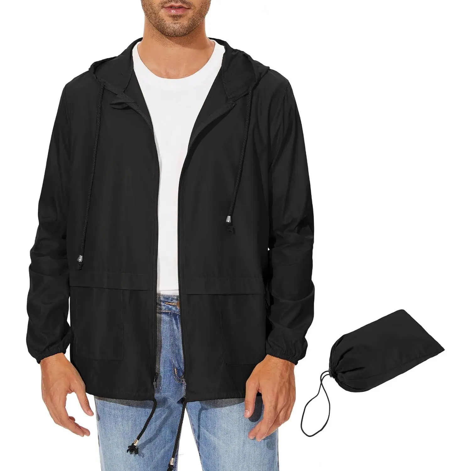 Men's Packable Rain Jacket Tops - Lightweight Waterproof Polyester Menswear Windbreaker with Hood, Zipper Front, Elastic Adjustable Hem, Pockets for Outdoor Sports Clothes