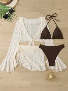 LUVUE 4-Piece Bikini Set Women Cheeky Halter Triangle Swimsuit with Sheer Knot Cover-Up Top & Skirt, Beachwear Bathing Suit