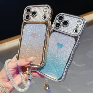 Rhinestone Wavy Phone Case Compatible with iPhone 17 Pro Max, 16 Pro, 15 Plus, 14, 13 Air, comes with mesh diamond wrist lanyard, durable protective cover, perfectly suitable for daily use