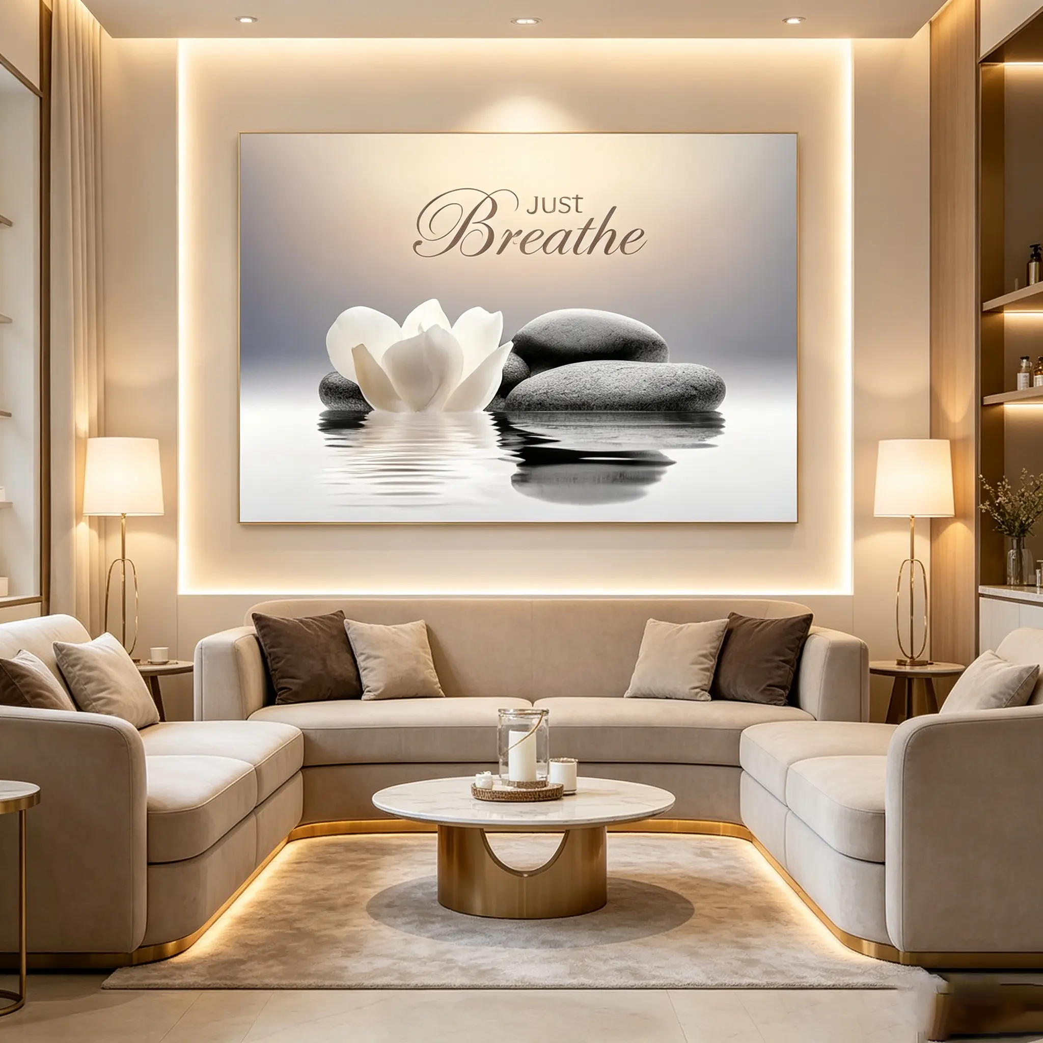 Zen Lotus Canvas Wall Art PosterJust Breathe Meditation Poster for Scandinavian Zen Canvas Print – Minimalist Spa Wall Decor with Lotus & Water Reflection Just Breathe Meditation Poster