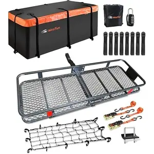 Folding Hitch-Mounted Cargo Basket with 16 Cubic Feet Waterproof Cargo Bag, Complete Set Includes Hitch Stabilizer, Heavy-Duty Cargo Net, Ratchet Straps & Combination Lock, Sturdy Steel Mesh Design for SUVs, Trucks & Vans, Ideal for Road Trips