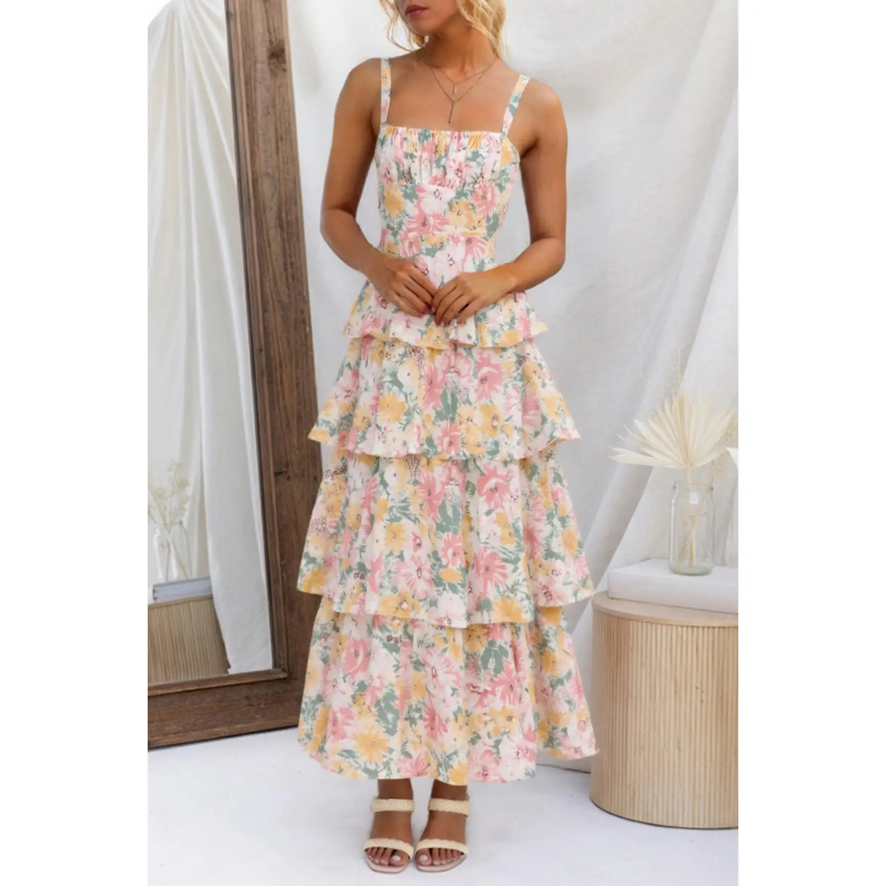 Wenrine Women's Summer Floral Maxi Dresses Sleeveless Spaghetti Strap Tie  Back Ruffle Tiered Flowy Dresses - TikTok Shop