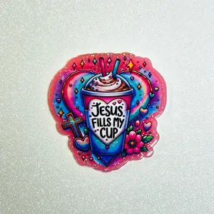 Jesus Fills My Cup Badge Reel - Vibrant Design with Cross and Floral Elements