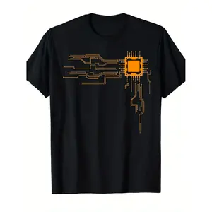 Mens Cotton T-shirt Featuring Computer Core Circuit Board Design Ideal for Tech Geeks Nerds and Programmers with Microprocessor Graphics Casual Short Sleeve Tech Wear
