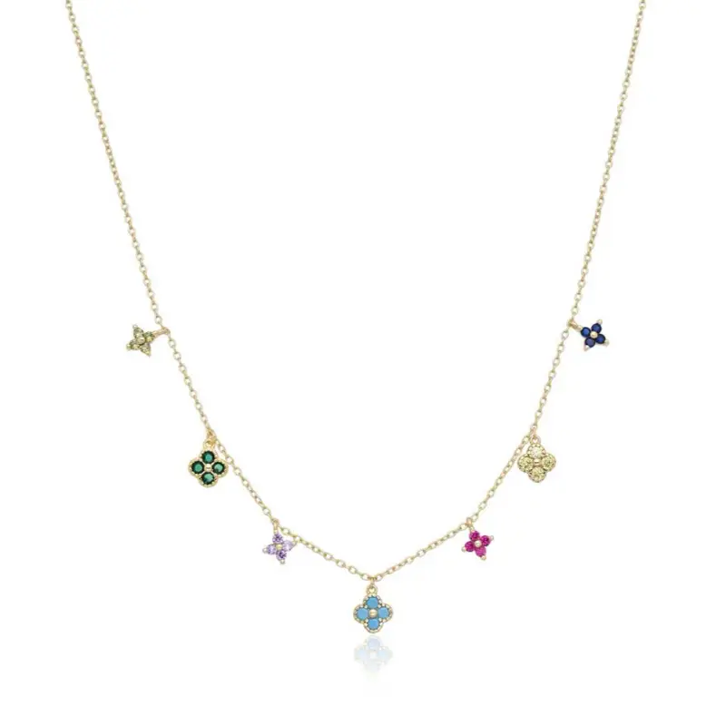 Women's Dainty Multilayer Charm Necklace, Whimsical Multi-Color 4-Leaf Clover Pendant, 14-Karat Gold-Plated Sterling Silver, 16" Chain with Lobster Clasp, Multilayer Necklace