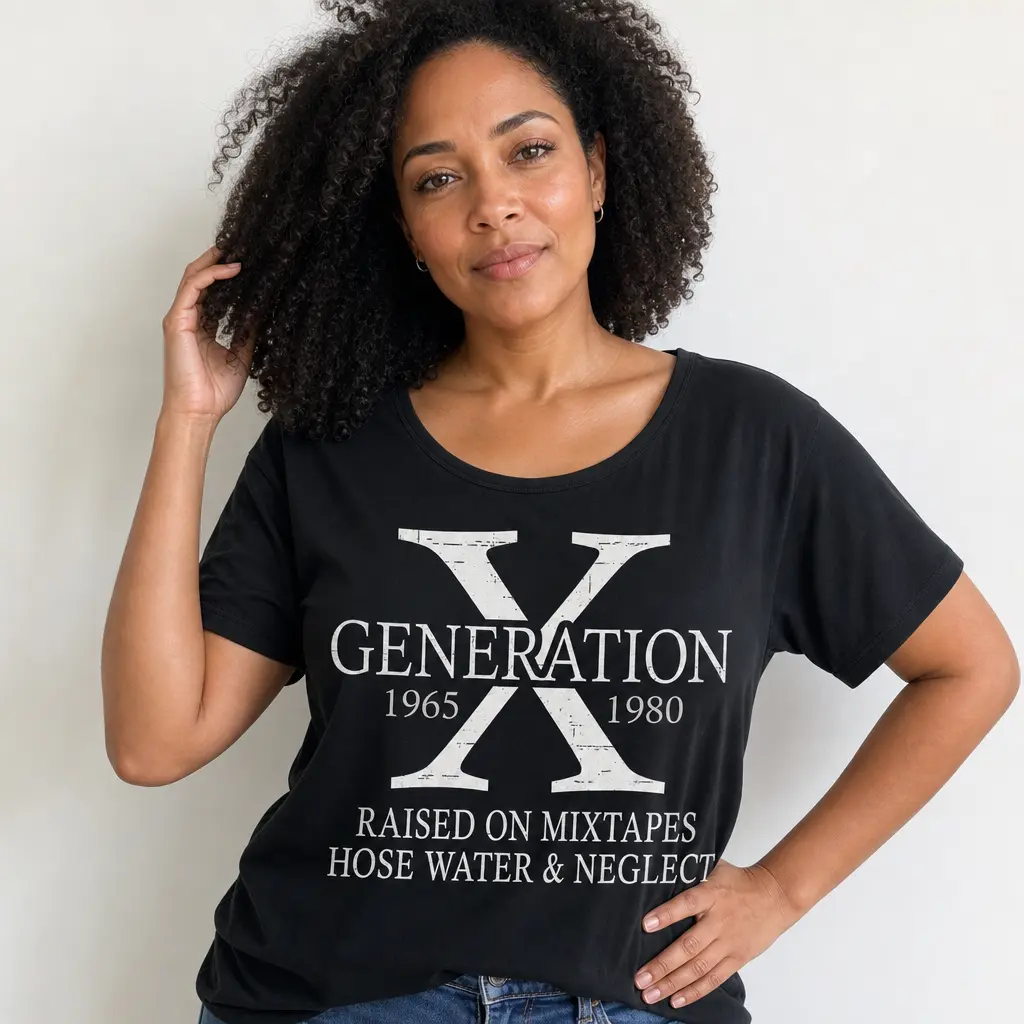 Women's Gen X Graphic Short-Sleeve Sports Top, Funny Sarcastic Print, Raised On Hose Water Nostalgic Retro Design, Relaxed Fit Everyday Casual Comfy Gag Gift