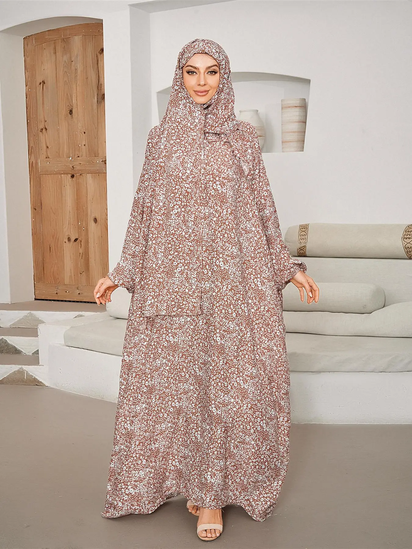 Women's Ditsy Floral Print Hooded Robe Abaya, Modest Long Sleeve Muslim Dress, Ladies Islamic Clothing for All Seasons